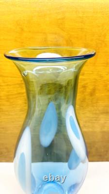 Vintage Large Hand Blown Blue With White Art Glass Vase 17.25