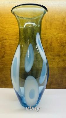 Vintage Large Hand Blown Blue With White Art Glass Vase 17.25