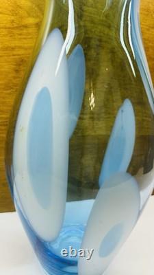 Vintage Large Hand Blown Blue With White Art Glass Vase 17.25