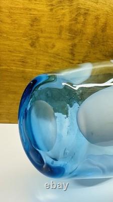 Vintage Large Hand Blown Blue With White Art Glass Vase 17.25