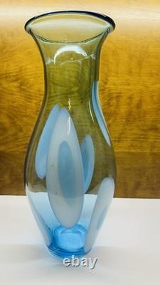Vintage Large Hand Blown Blue With White Art Glass Vase 17.25