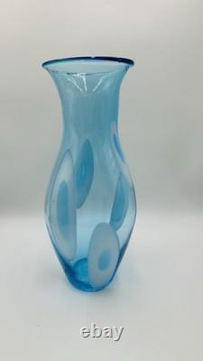 Vintage Large Hand Blown Blue With White Art Glass Vase 17.25