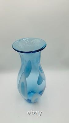 Vintage Large Hand Blown Blue With White Art Glass Vase 17.25