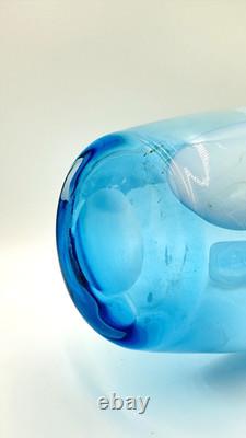 Vintage Large Hand Blown Blue With White Art Glass Vase 17.25