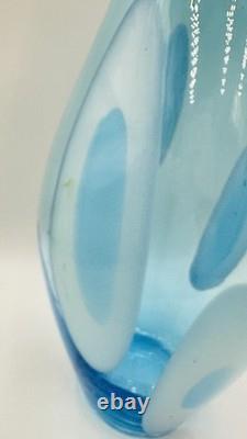 Vintage Large Hand Blown Blue With White Art Glass Vase 17.25