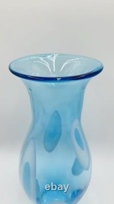 Vintage Large Hand Blown Blue With White Art Glass Vase 17.25