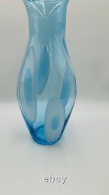 Vintage Large Hand Blown Blue With White Art Glass Vase 17.25