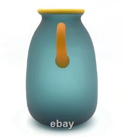 Vintage Large Ocean Blue And Yellow Hand Blown Satin Glass Vase, Handles 12t