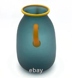 Vintage Large Ocean Blue And Yellow Hand Blown Satin Glass Vase, Handles 12t