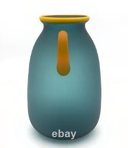 Vintage Large Ocean Blue And Yellow Hand Blown Satin Glass Vase, Handles 12t