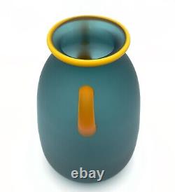 Vintage Large Ocean Blue And Yellow Hand Blown Satin Glass Vase, Handles 12t