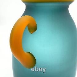 Vintage Large Ocean Blue And Yellow Hand Blown Satin Glass Vase, Handles 12t