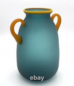 Vintage Large Ocean Blue And Yellow Hand Blown Satin Glass Vase, Handles 12t