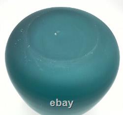 Vintage Large Ocean Blue And Yellow Hand Blown Satin Glass Vase, Handles 12t