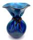 Vintage Large Orient & Flume Art Glass Iridescent Cobalt Blue Bag Vase Signed