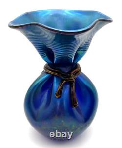 Vintage Large Orient & Flume Art Glass Iridescent Cobalt Blue Bag Vase Signed