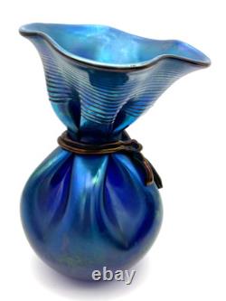 Vintage Large Orient & Flume Art Glass Iridescent Cobalt Blue Bag Vase Signed