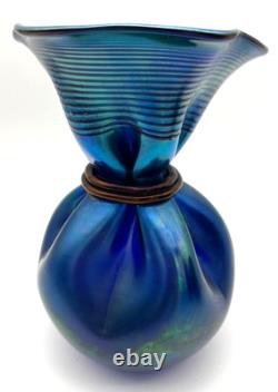 Vintage Large Orient & Flume Art Glass Iridescent Cobalt Blue Bag Vase Signed