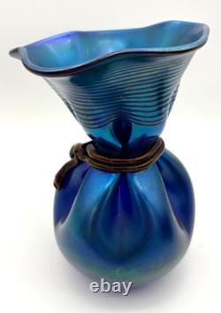Vintage Large Orient & Flume Art Glass Iridescent Cobalt Blue Bag Vase Signed