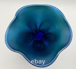 Vintage Large Orient & Flume Art Glass Iridescent Cobalt Blue Bag Vase Signed