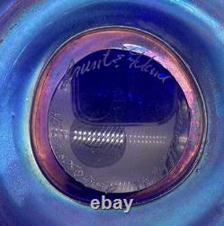 Vintage Large Orient & Flume Art Glass Iridescent Cobalt Blue Bag Vase Signed