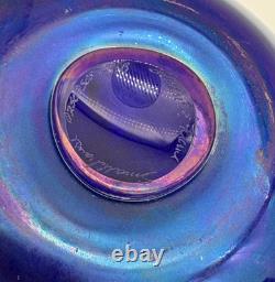 Vintage Large Orient & Flume Art Glass Iridescent Cobalt Blue Bag Vase Signed