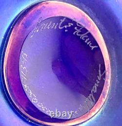 Vintage Large Orient & Flume Art Glass Iridescent Cobalt Blue Bag Vase Signed