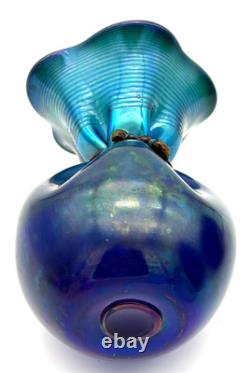 Vintage Large Orient & Flume Art Glass Iridescent Cobalt Blue Bag Vase Signed