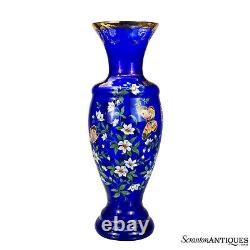 Vintage Large Victorian Farmhouse Cobalt Blue Glass Floral & Butterfly Vase