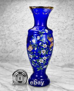 Vintage Large Victorian Farmhouse Cobalt Blue Glass Floral & Butterfly Vase