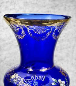 Vintage Large Victorian Farmhouse Cobalt Blue Glass Floral & Butterfly Vase