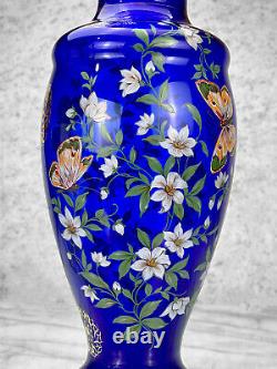 Vintage Large Victorian Farmhouse Cobalt Blue Glass Floral & Butterfly Vase