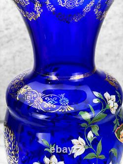 Vintage Large Victorian Farmhouse Cobalt Blue Glass Floral & Butterfly Vase