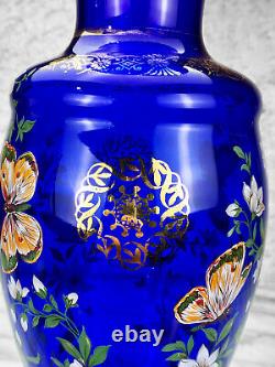 Vintage Large Victorian Farmhouse Cobalt Blue Glass Floral & Butterfly Vase