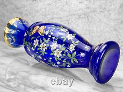 Vintage Large Victorian Farmhouse Cobalt Blue Glass Floral & Butterfly Vase