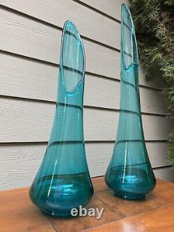 Vintage Le Smith Peacock Blue Swung Smooth Fat Bottom Vases 27 & 22 Mid Century