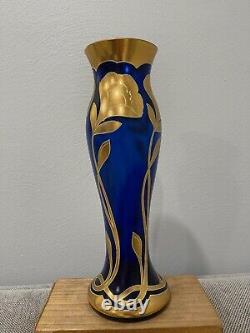 Vintage Likely Bohemian Cobalt Blue Glass Vase with Gold Flowers Decoration