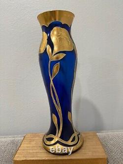 Vintage Likely Bohemian Cobalt Blue Glass Vase with Gold Flowers Decoration