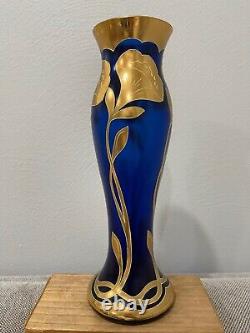 Vintage Likely Bohemian Cobalt Blue Glass Vase with Gold Flowers Decoration