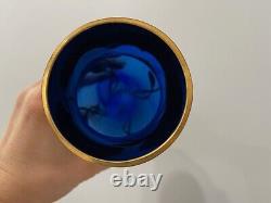 Vintage Likely Bohemian Cobalt Blue Glass Vase with Gold Flowers Decoration