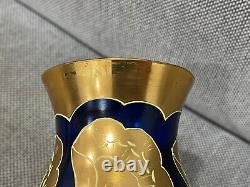 Vintage Likely Bohemian Cobalt Blue Glass Vase with Gold Flowers Decoration