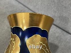 Vintage Likely Bohemian Cobalt Blue Glass Vase with Gold Flowers Decoration