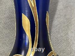 Vintage Likely Bohemian Cobalt Blue Glass Vase with Gold Flowers Decoration