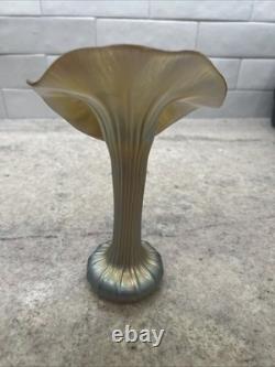 Vintage Lundberg Studios Glass JACK IN THE PULPIT Aurene Blue Iridescent Vase