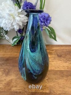 Vintage M. Robb 1970 Signed Hand Blown Art Glass Vase Blue Green Swirl Studio