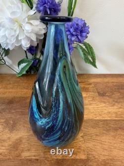 Vintage M. Robb 1970 Signed Hand Blown Art Glass Vase Blue Green Swirl Studio