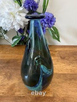 Vintage M. Robb 1970 Signed Hand Blown Art Glass Vase Blue Green Swirl Studio