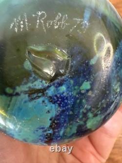 Vintage M. Robb 1970 Signed Hand Blown Art Glass Vase Blue Green Swirl Studio