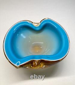 Vintage MCM Alfredo Barbini Murano Art Glass Bowl Ashtray Blue & Brown