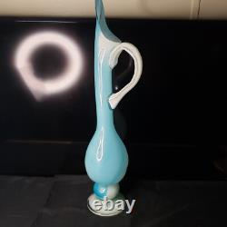 Vintage MCM Art Glass Swung Glass Pitcher Stretch Vase White Light Blue 22 ooak